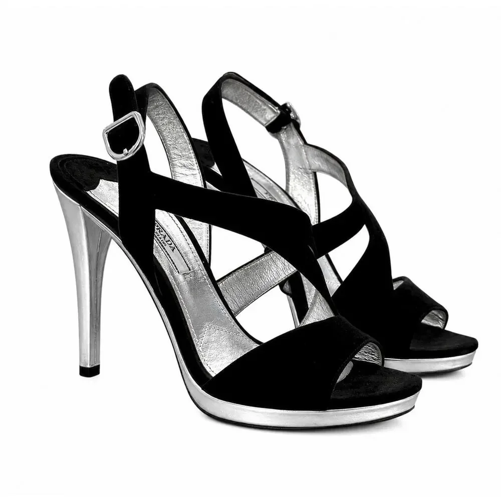 Prada Black Suede Silver Metallic Platform Slingback Heels Sandals EU 37